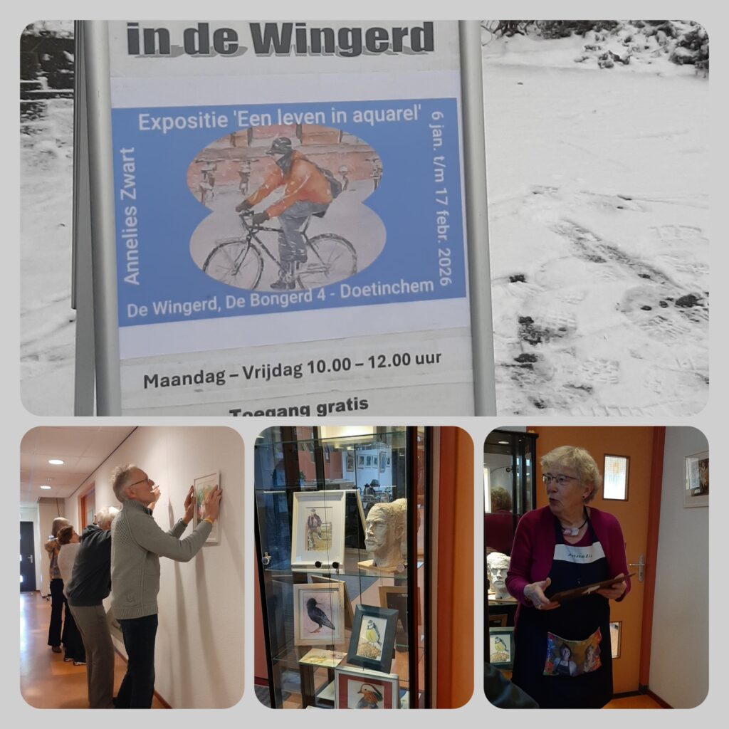 Sfeerbeeld openingsdag Een leven in aquarel in De Wingerd © collage Wilma_Lankhorst.